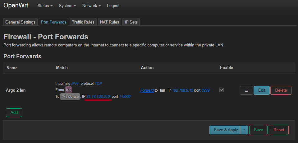 Argo traffic forwarding rule in OpenWrt LuCI